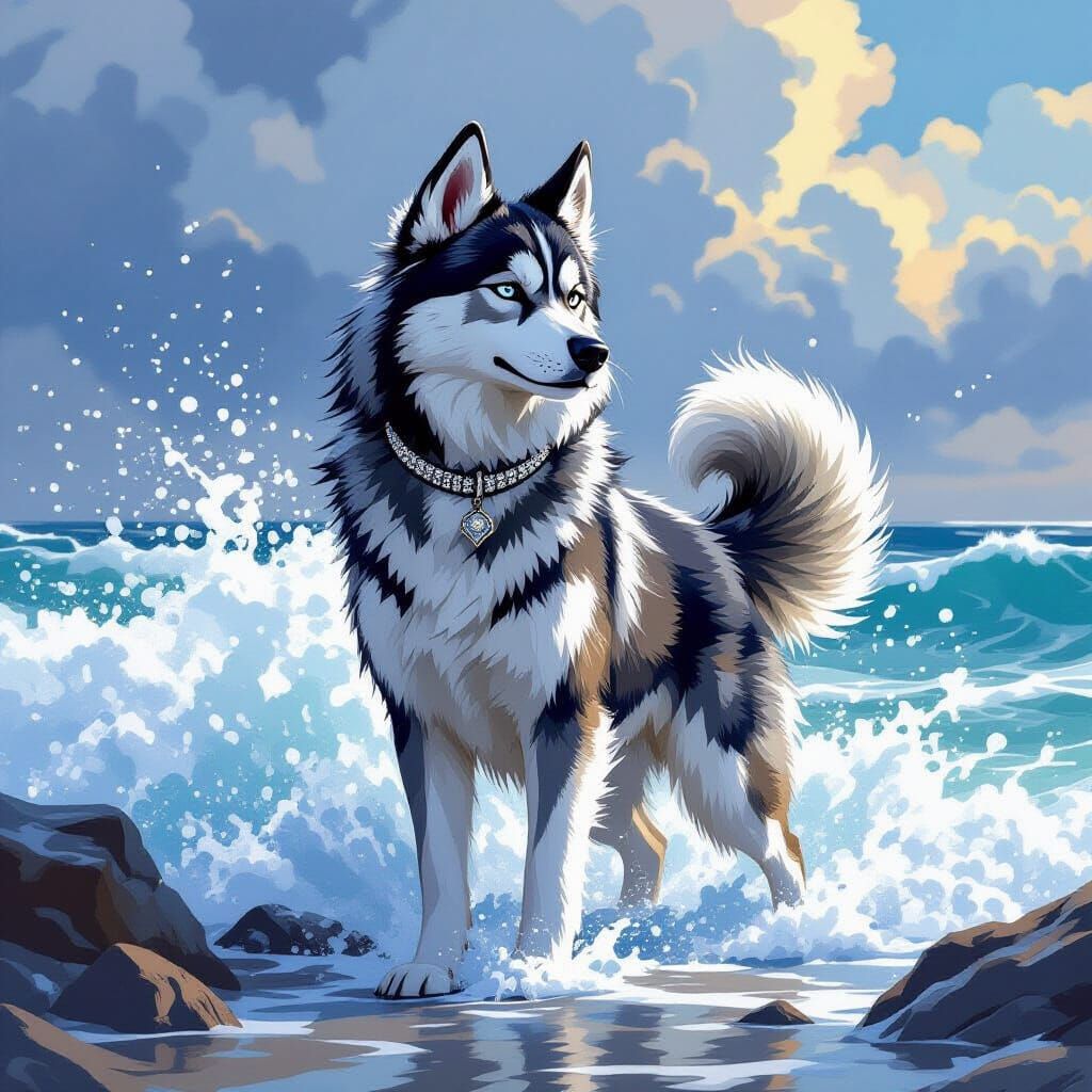 Husky Commands the Ocean Waves: Digital Art
