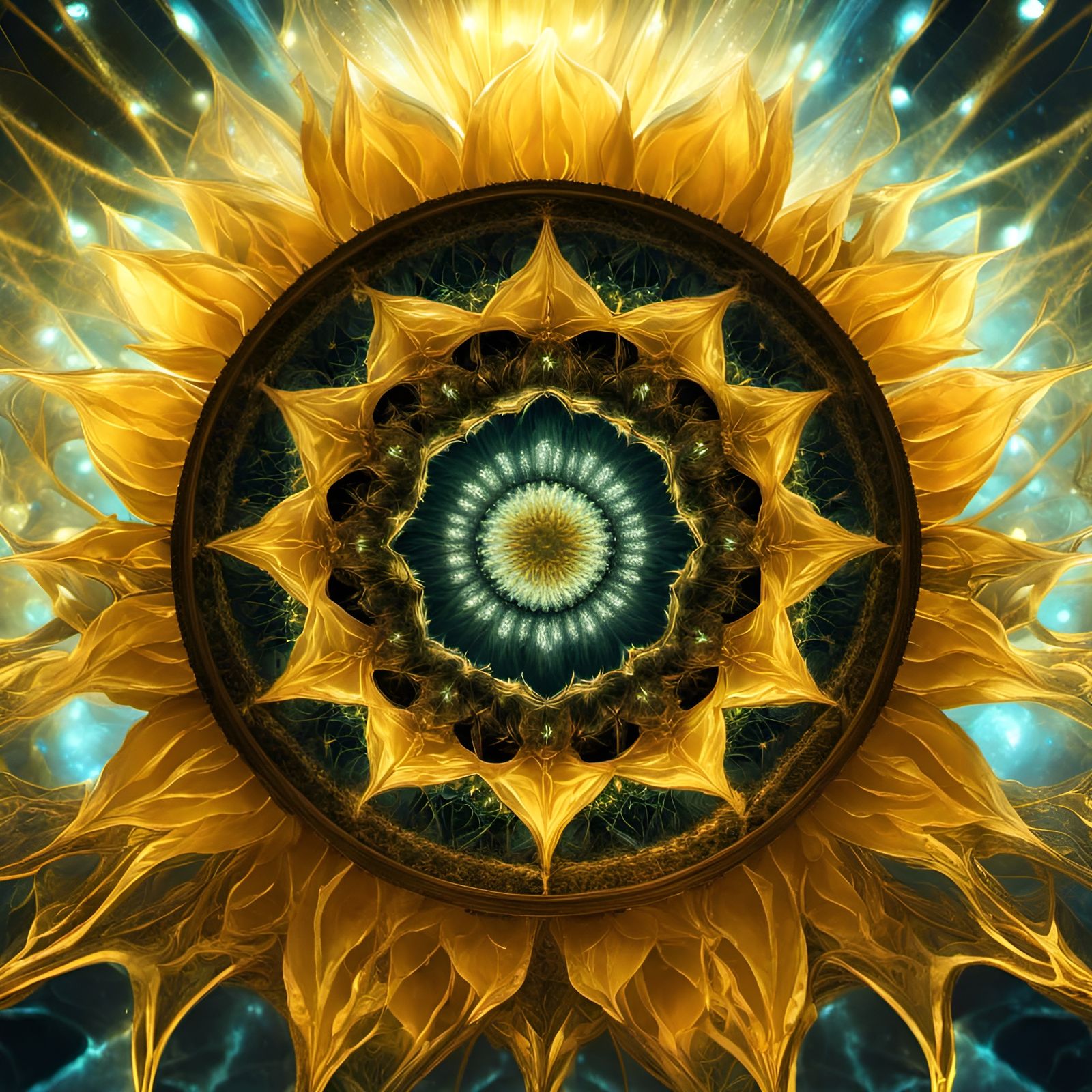Golden Sunflower Mandala of Bioluminescent Light
