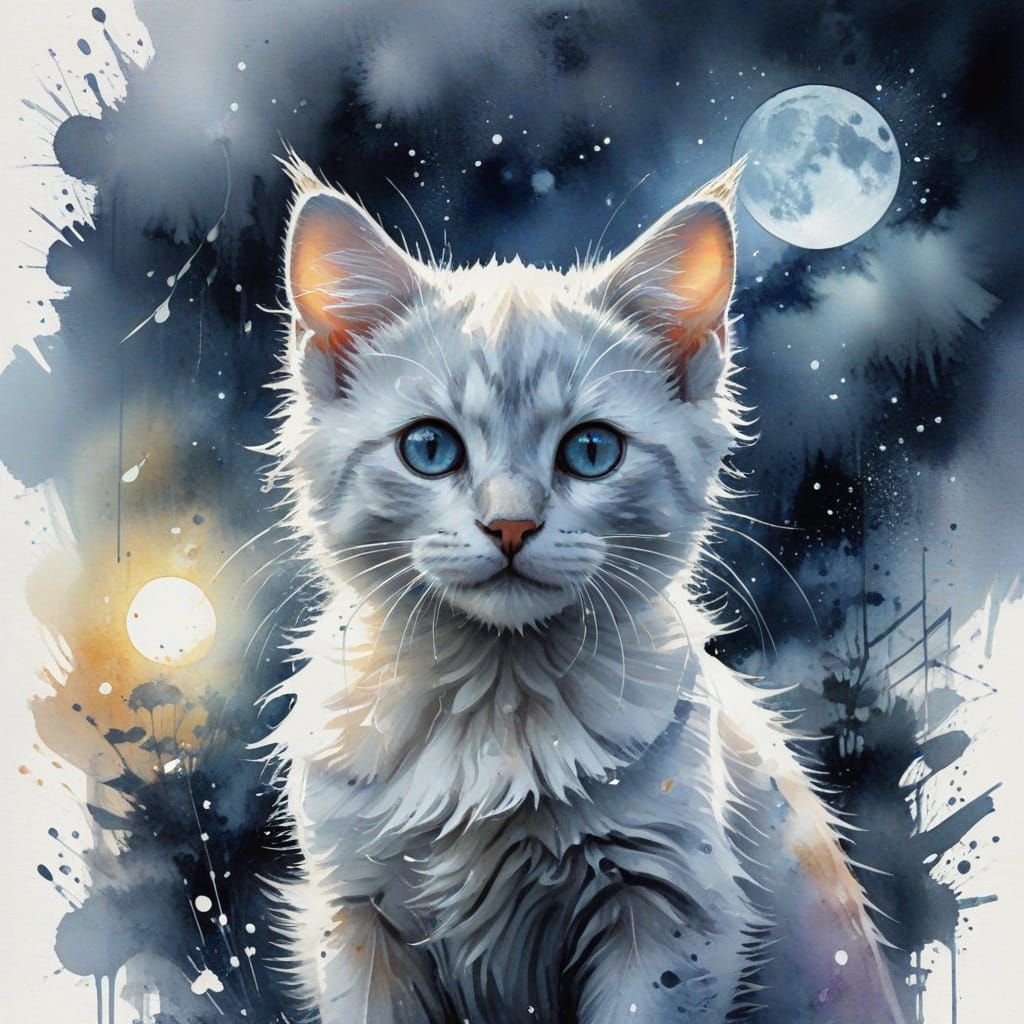 Kitten Under Full Moon With Sheet Music Backdrop