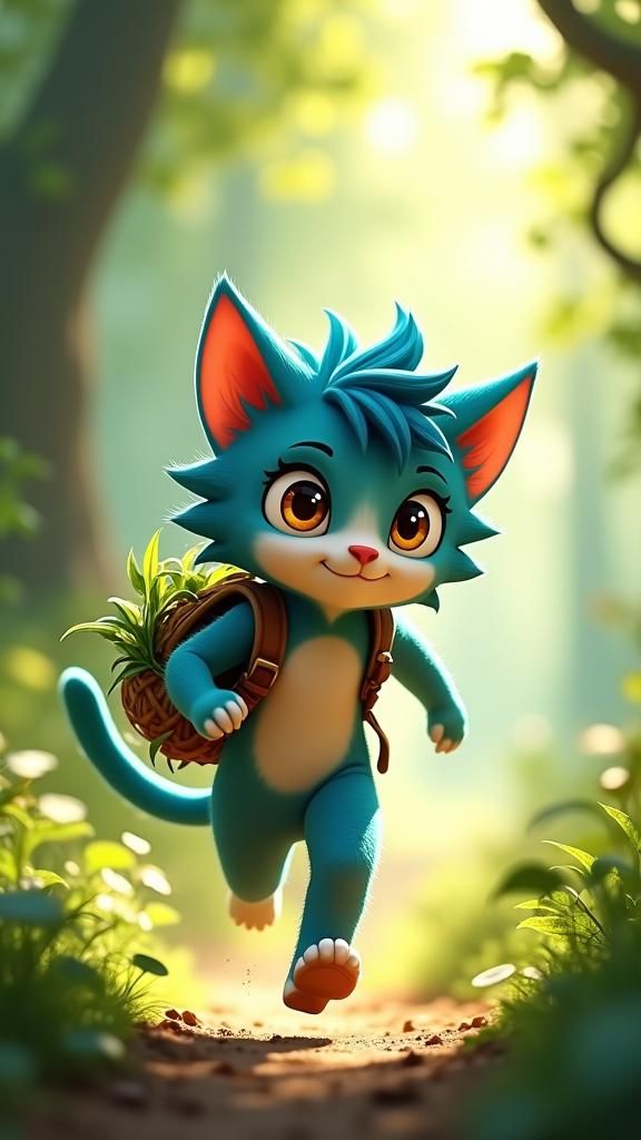 Cerulean Cat-Boy Runs Through Sun-Dappled Forest