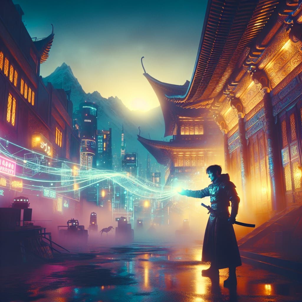 Cyberpunk Morin Khuur in Electronic Future Film Still