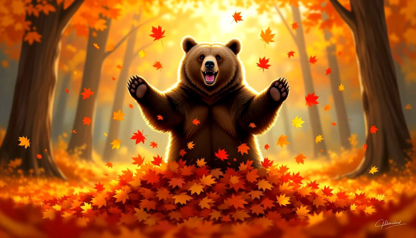 Joyful Bear Leaping into Autumn Leaves in Sunlit Forest