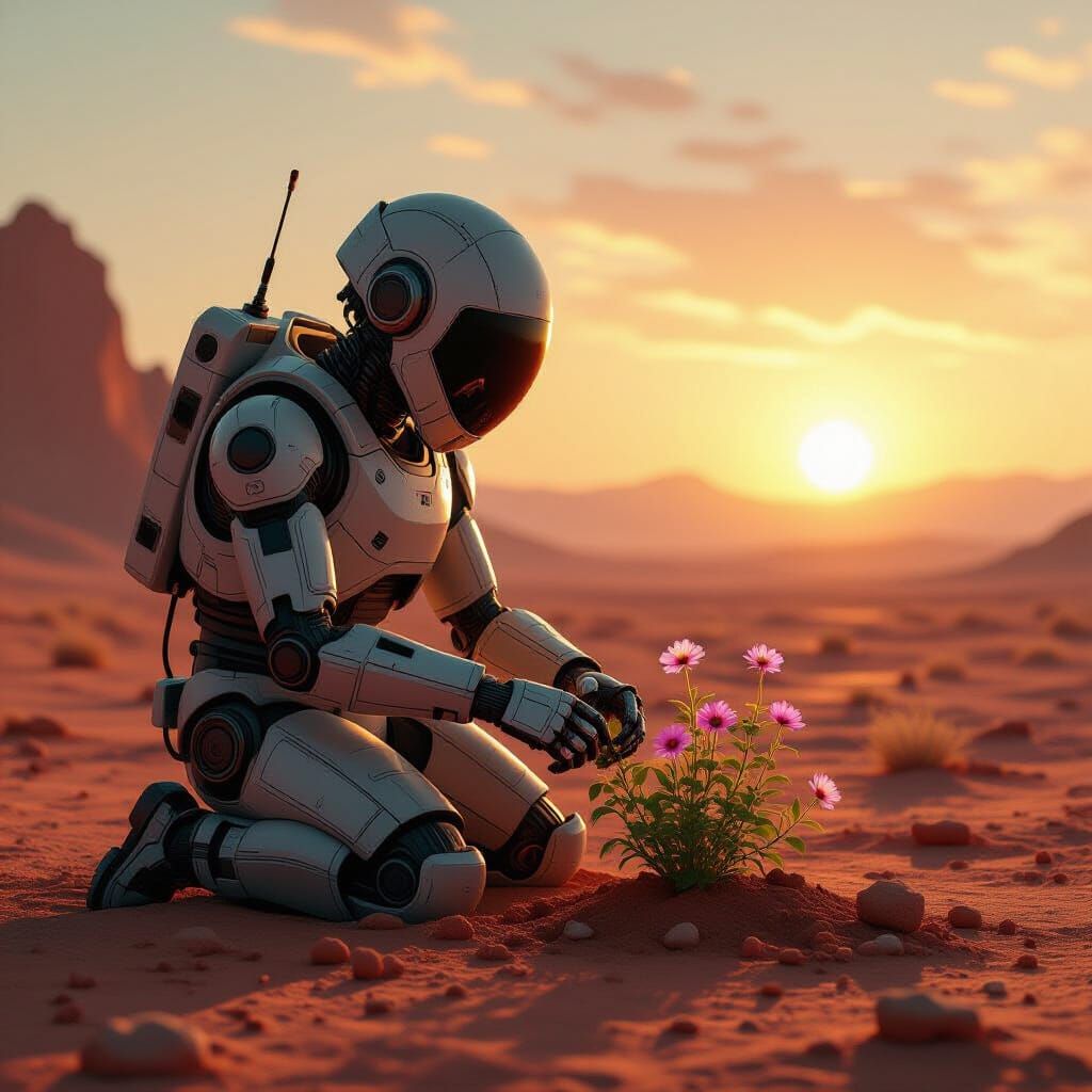Robot Gardener on Barren Planet, Atmospheric Digital Art