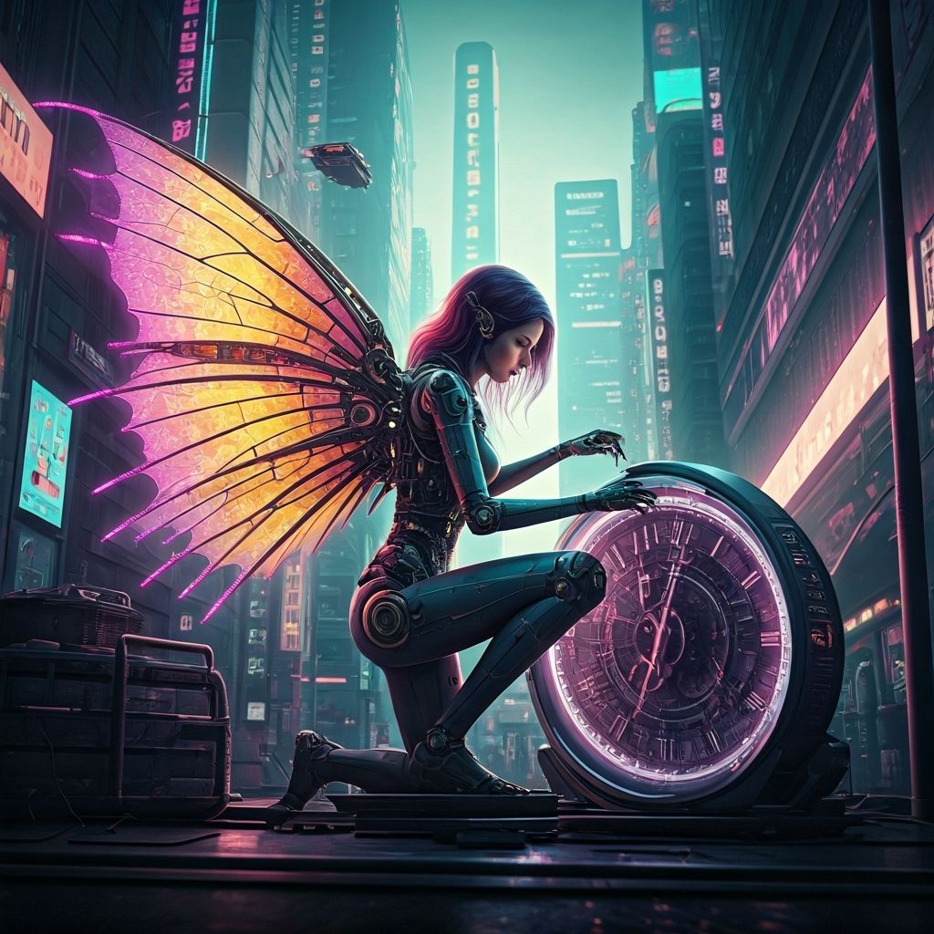 Cyberpunk Fairy Mechanic in Futuristic Tokyo