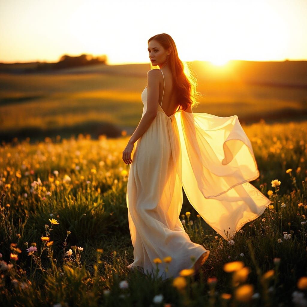 Woman in Flowing Gown at Sunset Wildflower Field