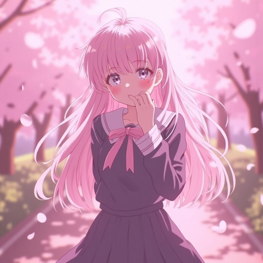 Anime-Style Girl in Cherry Blossom Garden