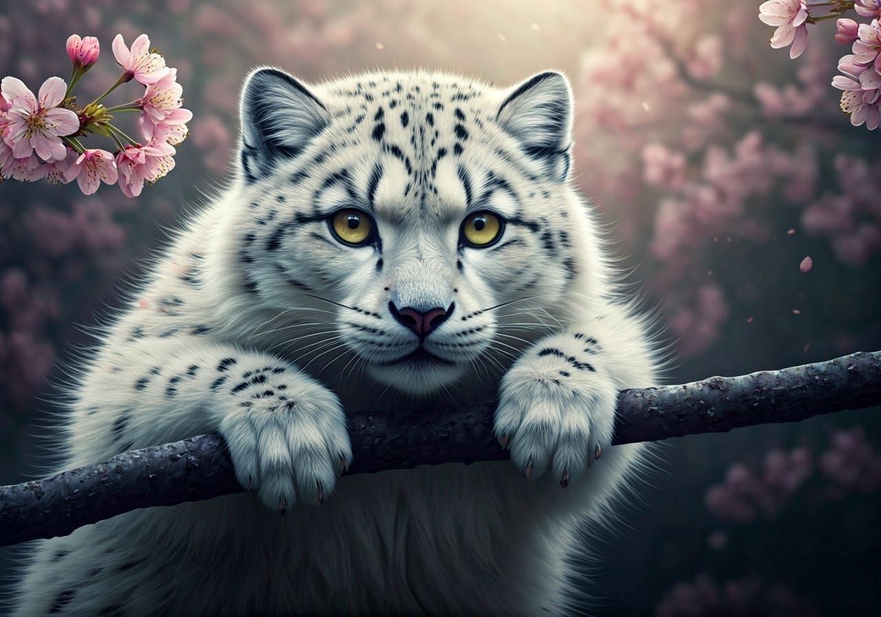 Snow Leopard on Cherry Blossoms: Fantasy Illustration