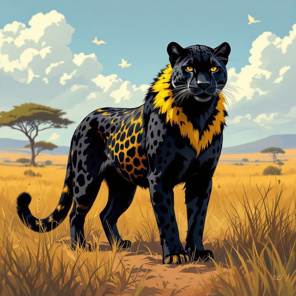Futuristic Panther-Cheetah Hybrid in Savannah Landscape