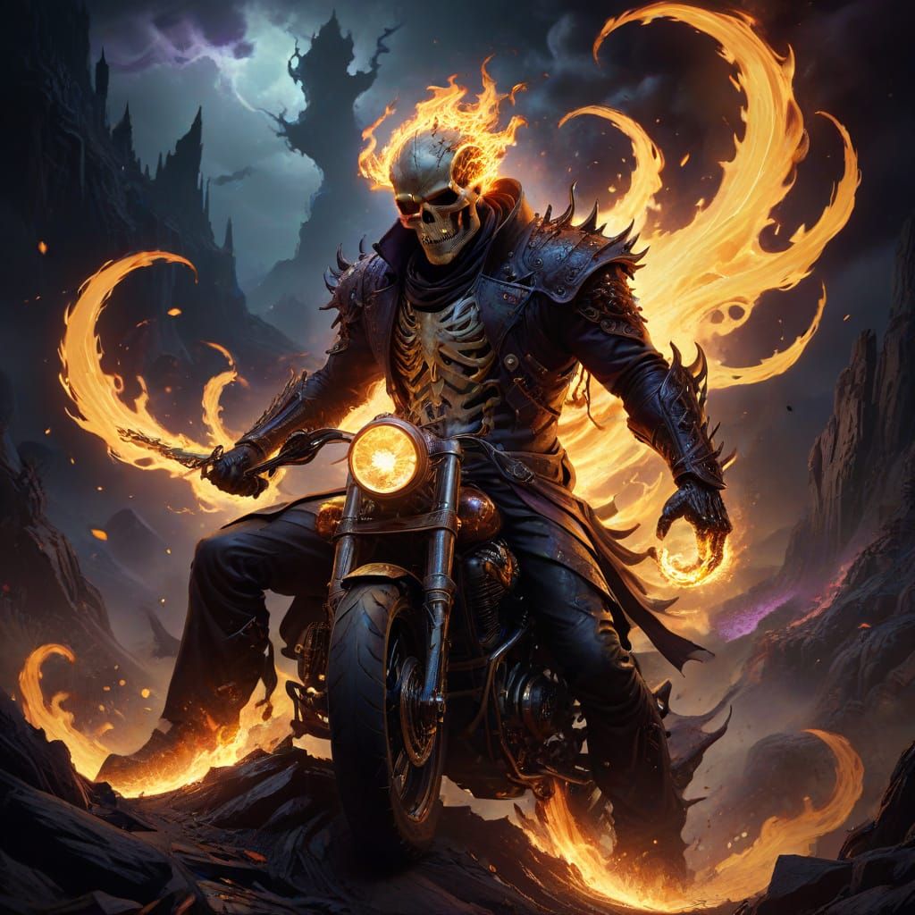 Cyberpunk Ghost Rider Rides Hellish Steed in Dark Fantasy Ar...