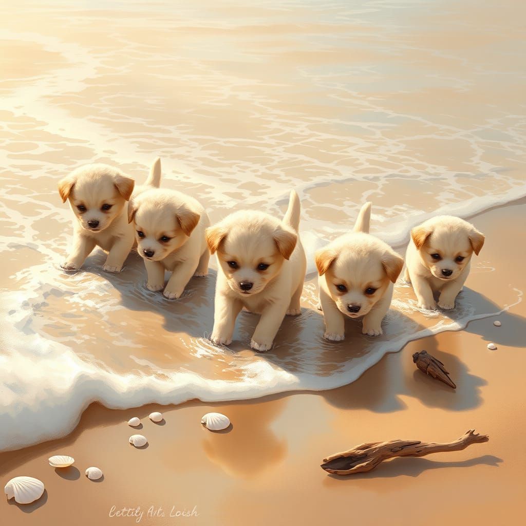 5 Playful Puppies Frolic in Shallow Waves on a Sun-Kissed Be...