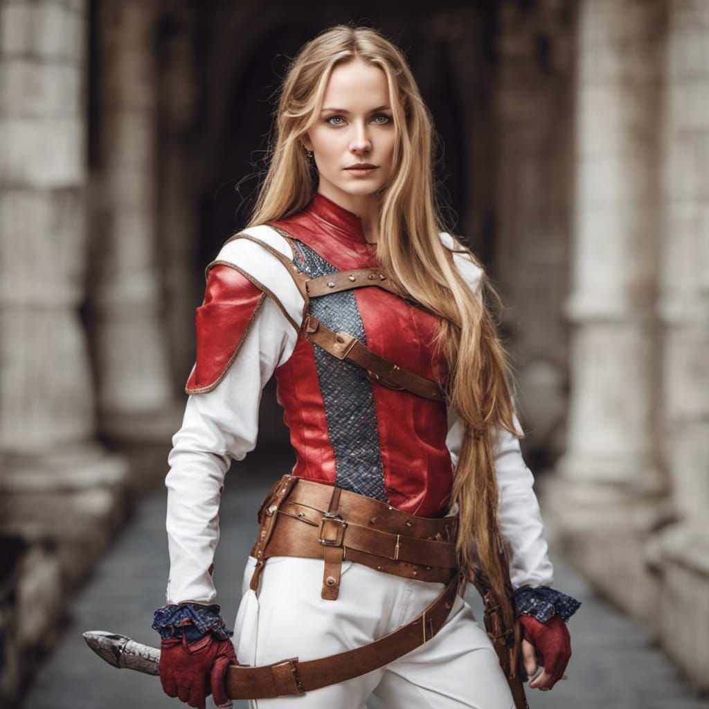 Majestic Warrior Woman with Golden Braid in Courtyard