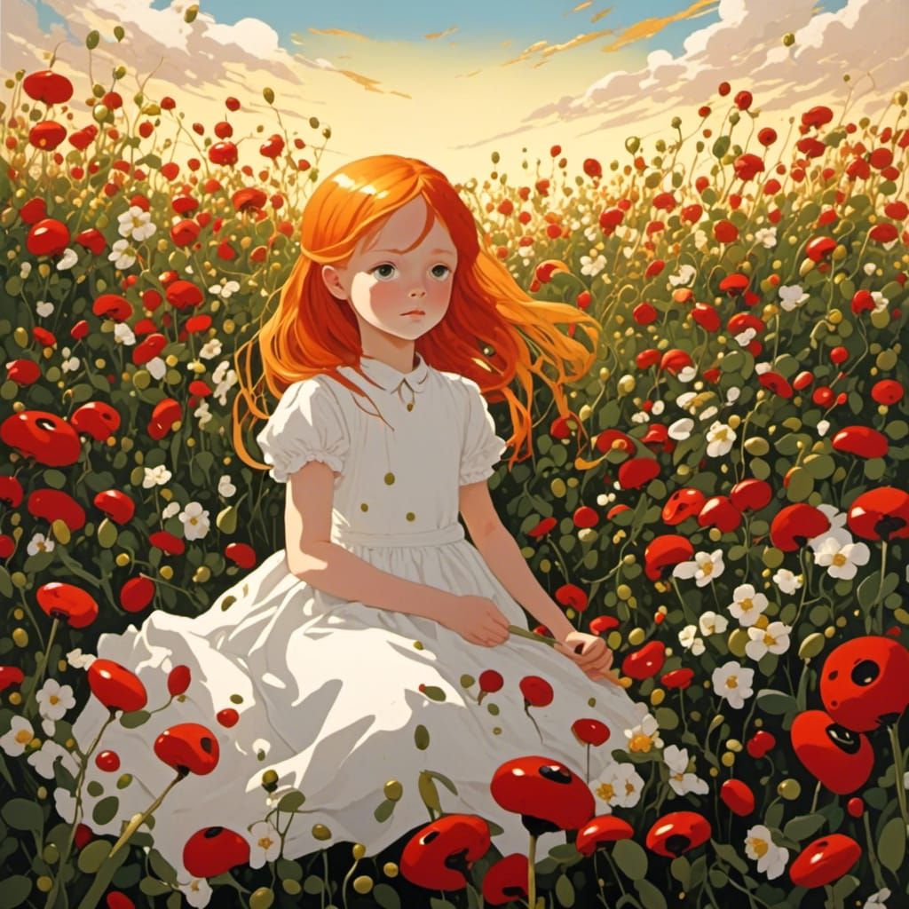 Anime Girl in Flower Field at Golden Hour
