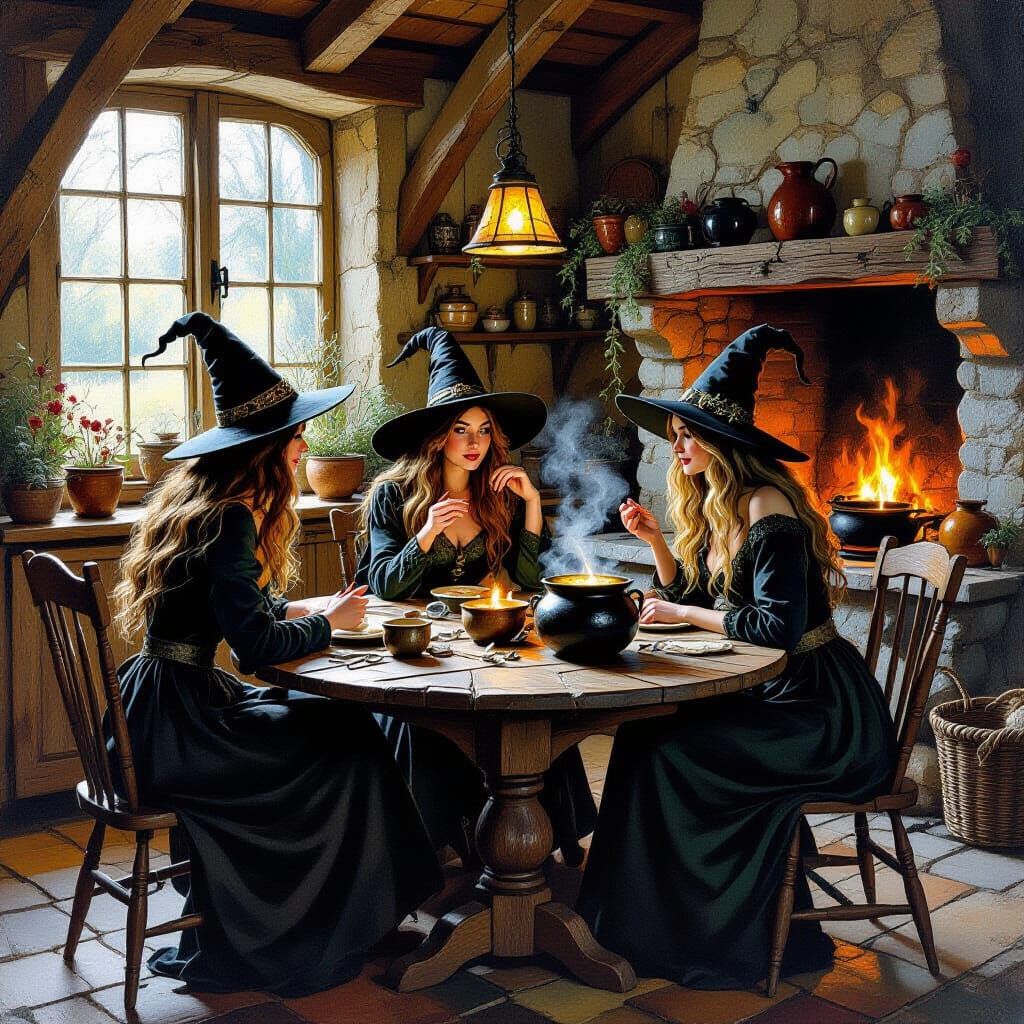Witches Converse in Dimly Lit Woodland Kitchen
