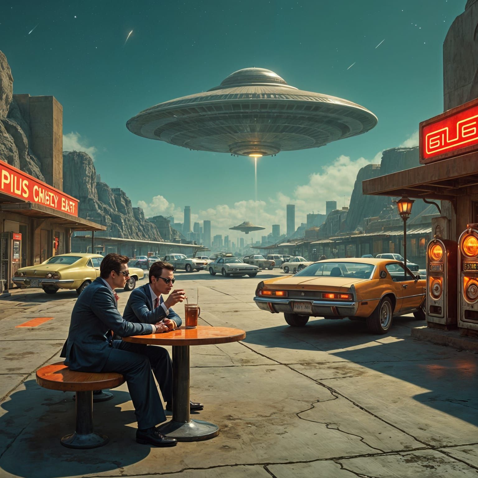 Retrofuturistic Area 52 Parking Lot Scene