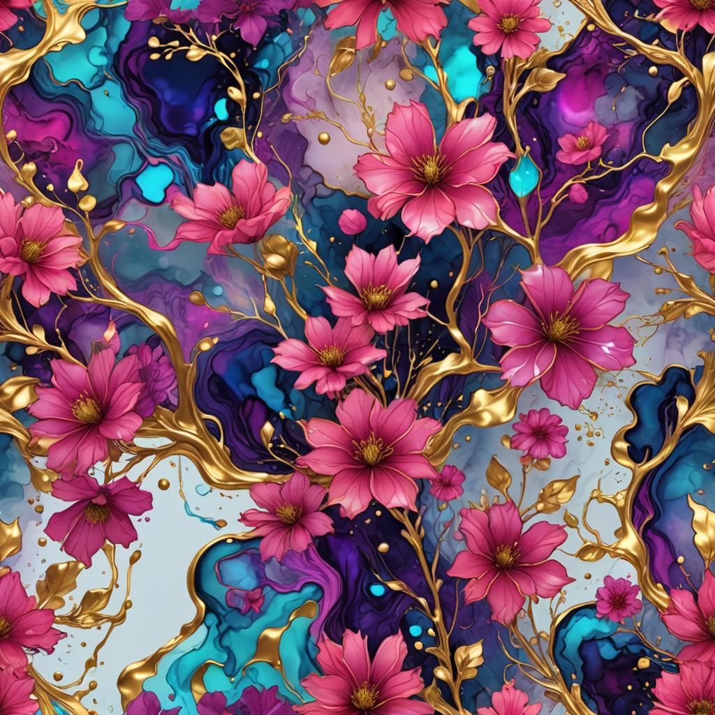 Neon Alcohol Ink Flowers with Gold Outlines