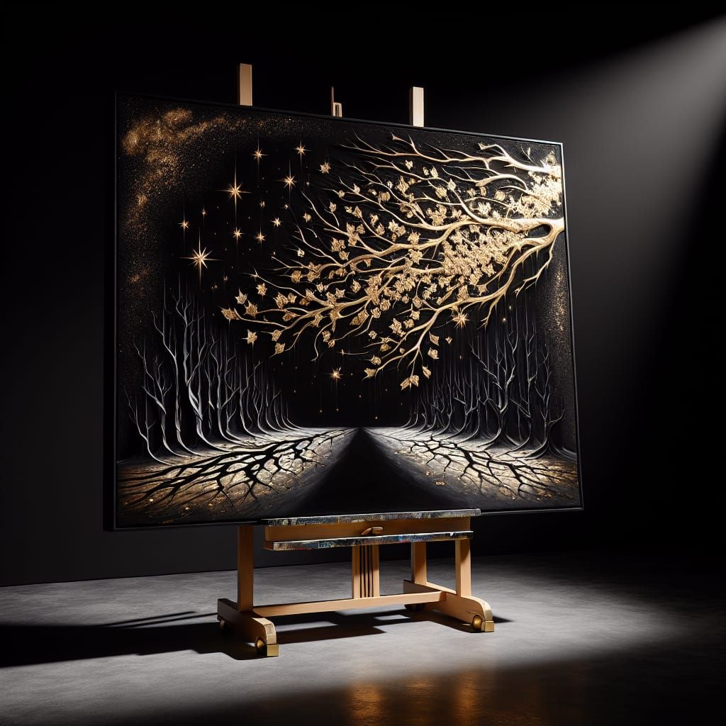 Dramatic Forest Painting with Gold Stars and Branches