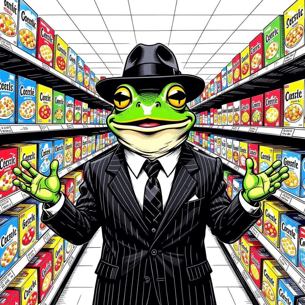 Astonished Business Frog in Supermarket Aisle