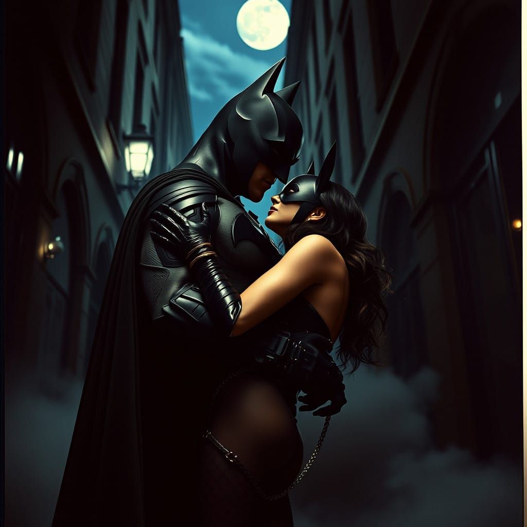 Batman and Catwoman in Moonlit Gothic Romance