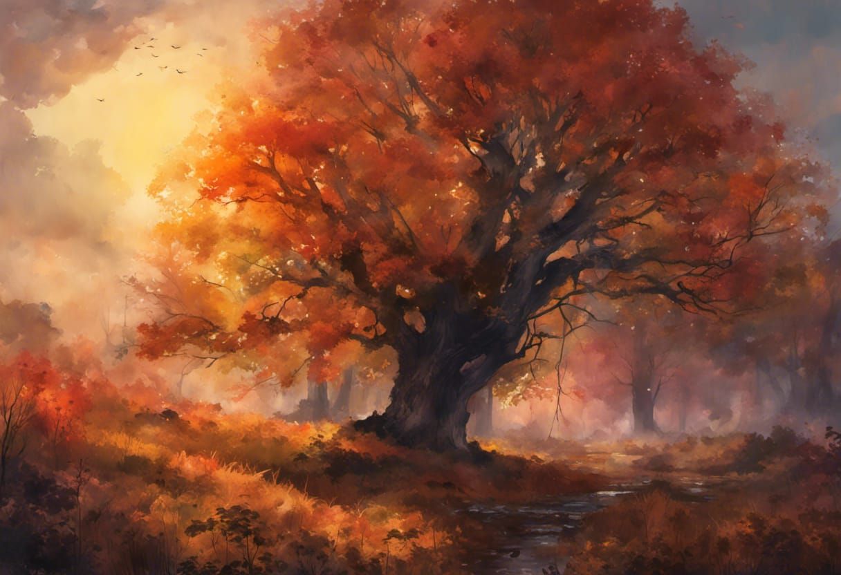 Autumn Forest Landscape Watercolor Illustration