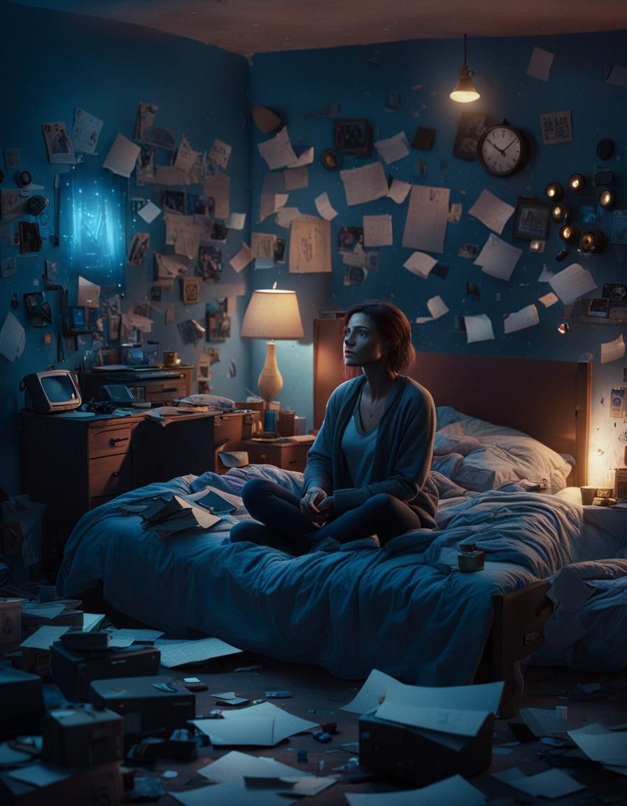 Hyperrealistic Woman in Dimly Lit Room