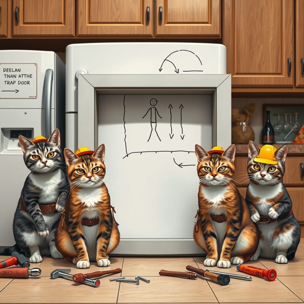 Cats Constructing Trap Door in Kitchen, Photo Style