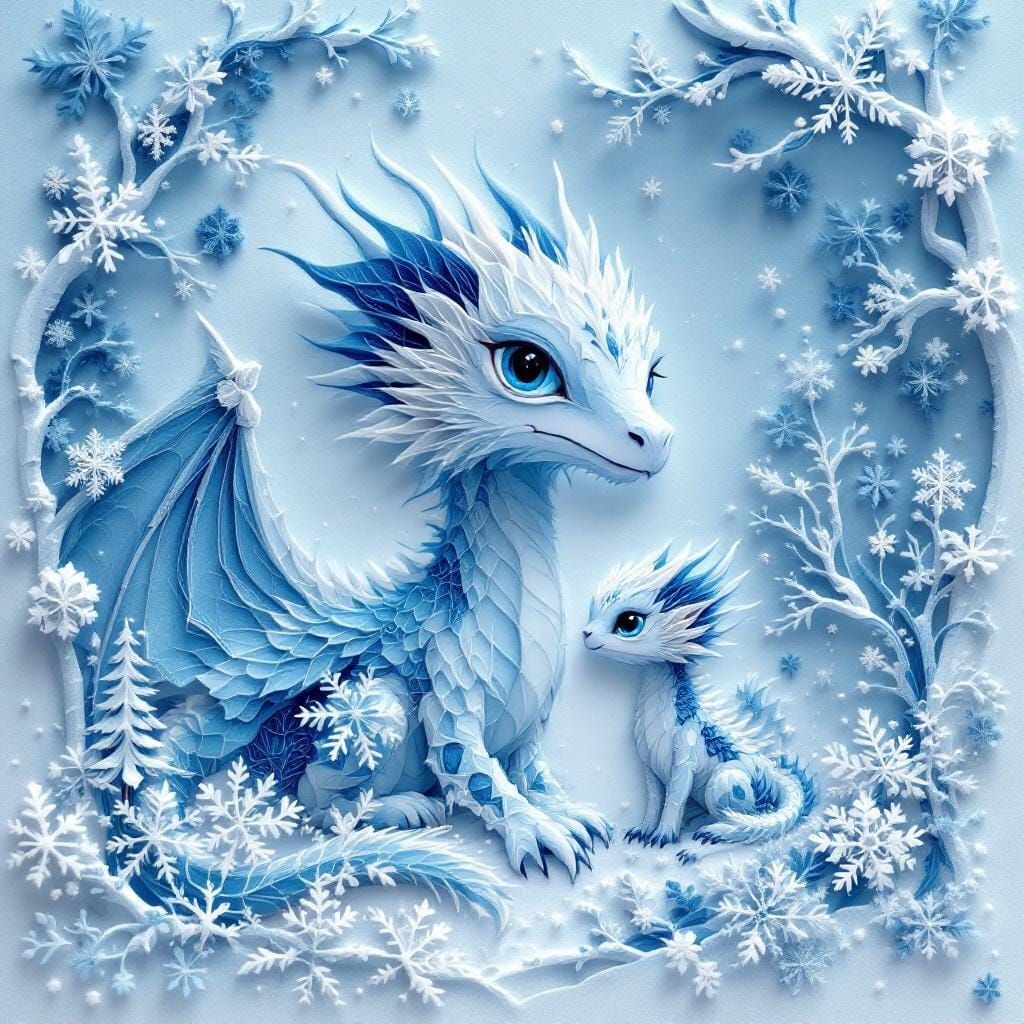 Icy Winter Dragon and Hatchling as Quilled Paper Art