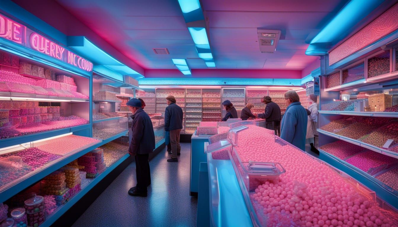 Vibrant 1980s Candy Shop with Neon Lights