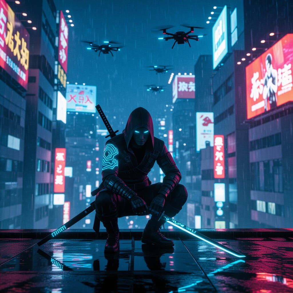 Cyberpunk Assassin in Rainy Tokyo with Glowing Tattoos