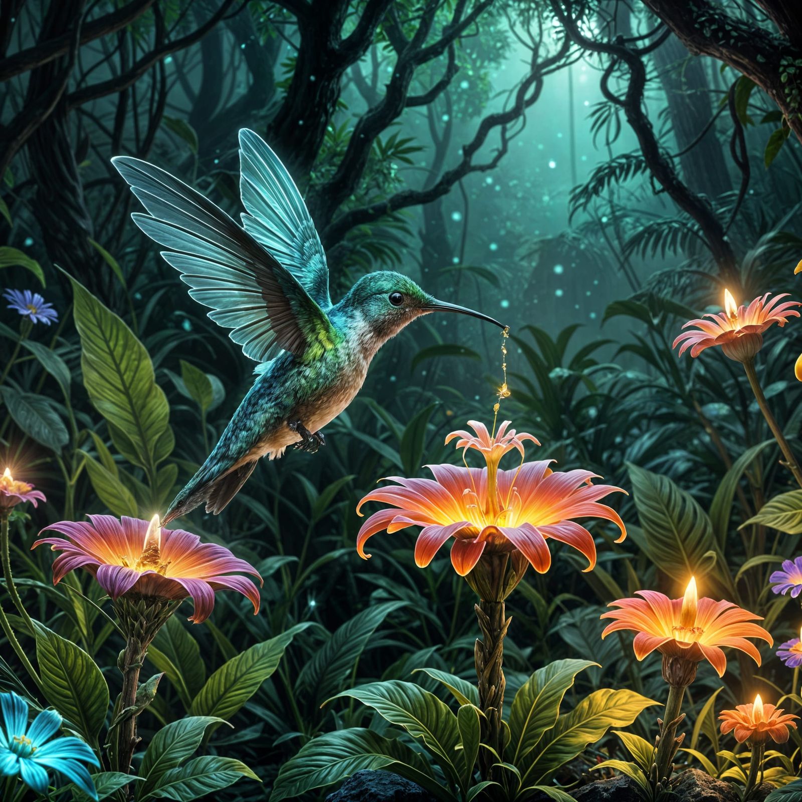Bioluminescent Hummingbird in Jurassic Jungle Glade