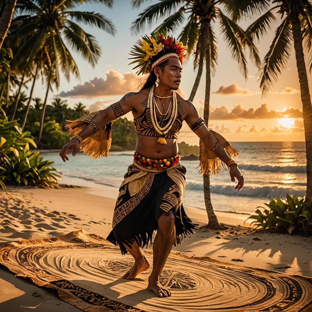 Traditional Tuvaluan Fatele Dancer on Beach at Sunset