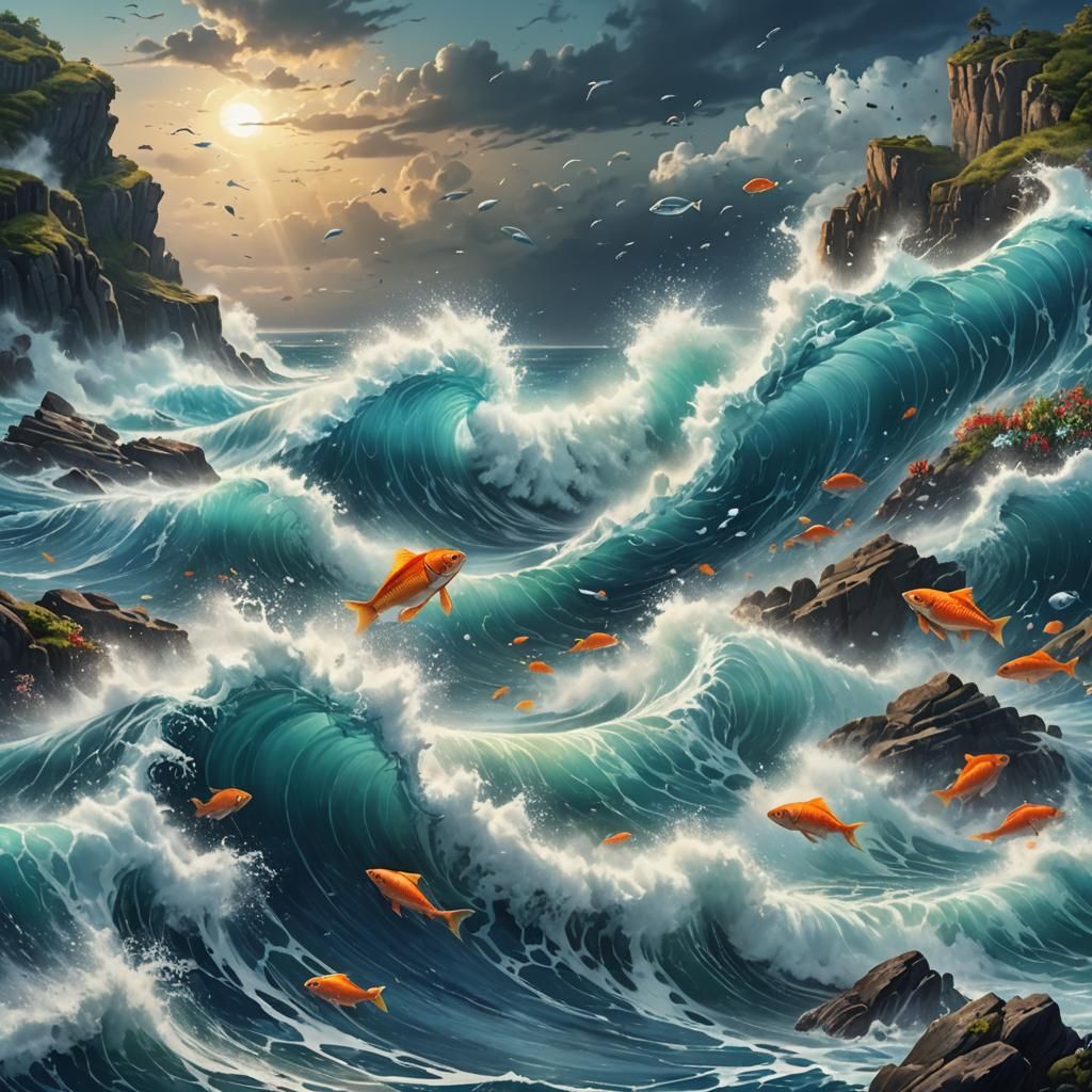 Oceanic Wave with Marine Life Concept Art