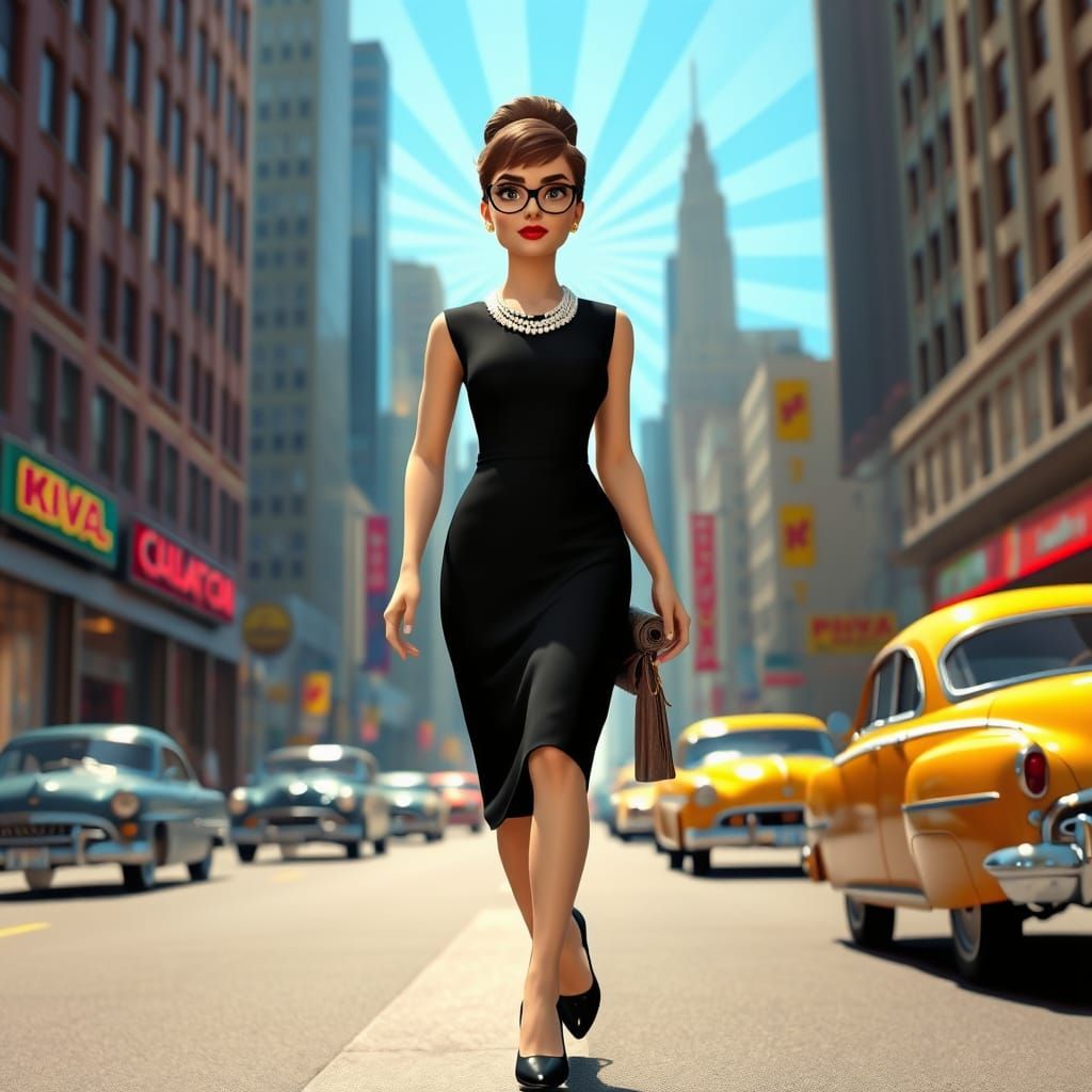Elegant Woman Walks Down New York City Street in Retro Style