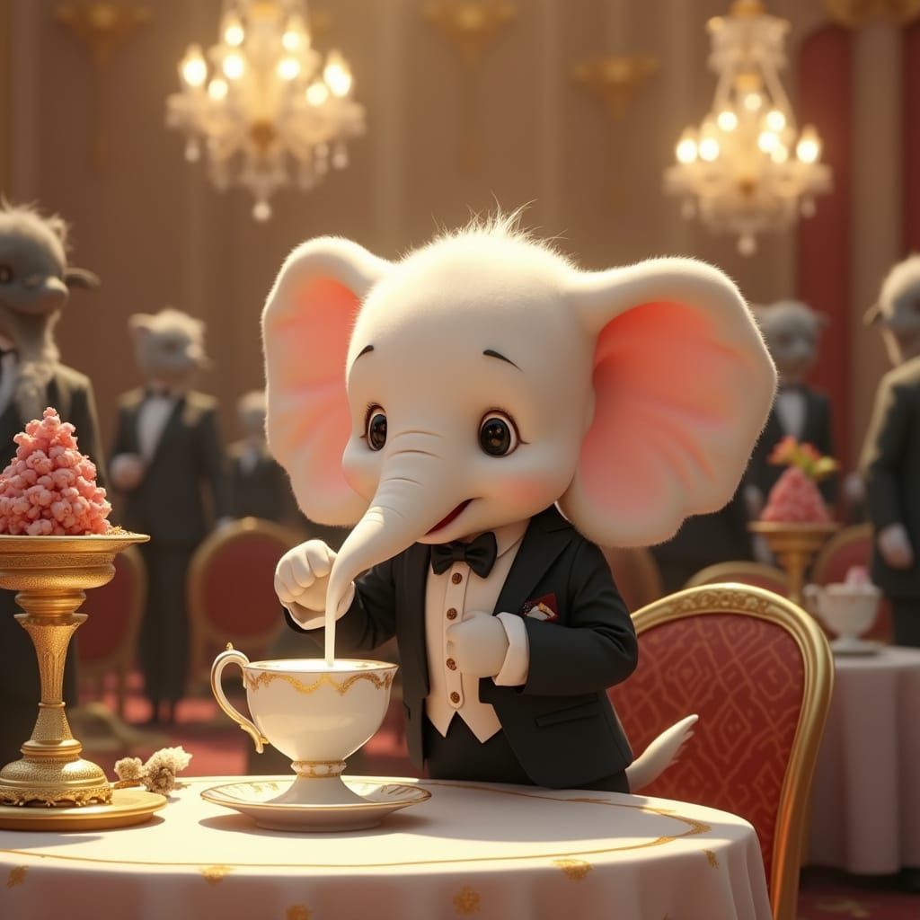 Elegant Baby Elephant in Tuxedo at Vibrant Gala