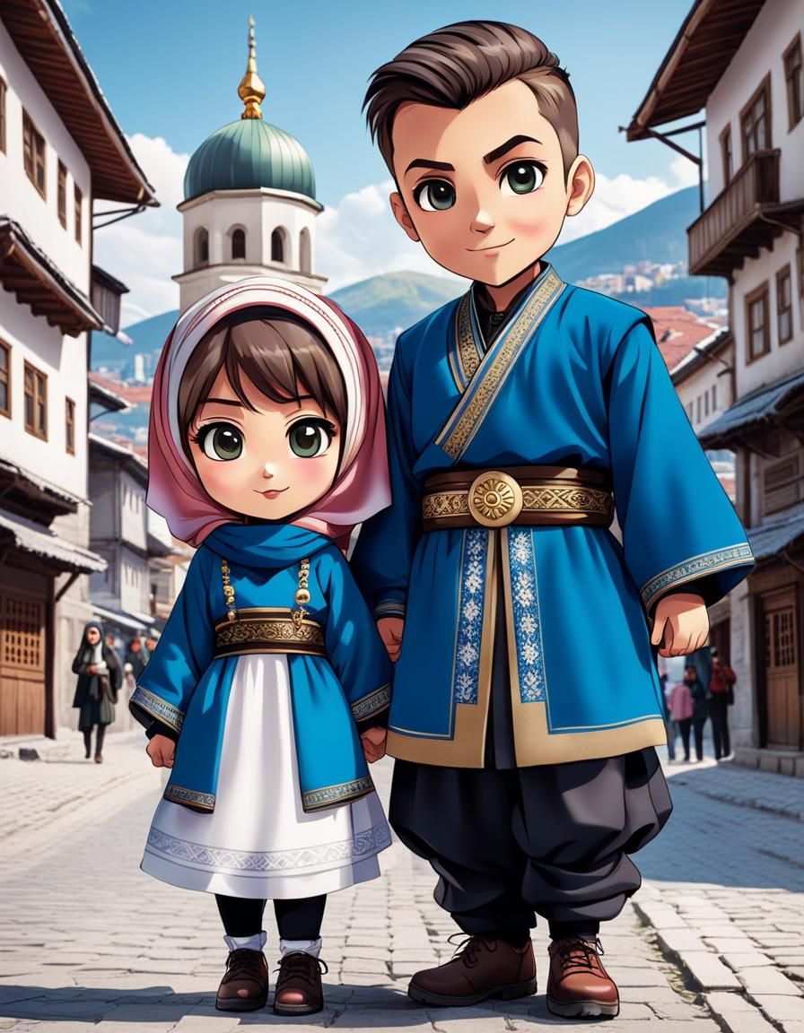 Chibi Characters Strolling Sarajevo in Traditional Clothing