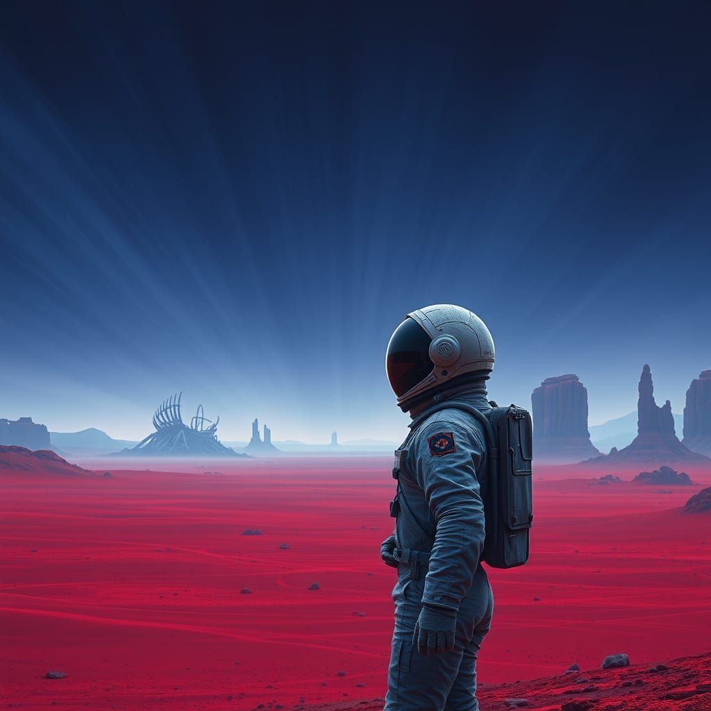 Astronaut in Crimson Desert Landscape