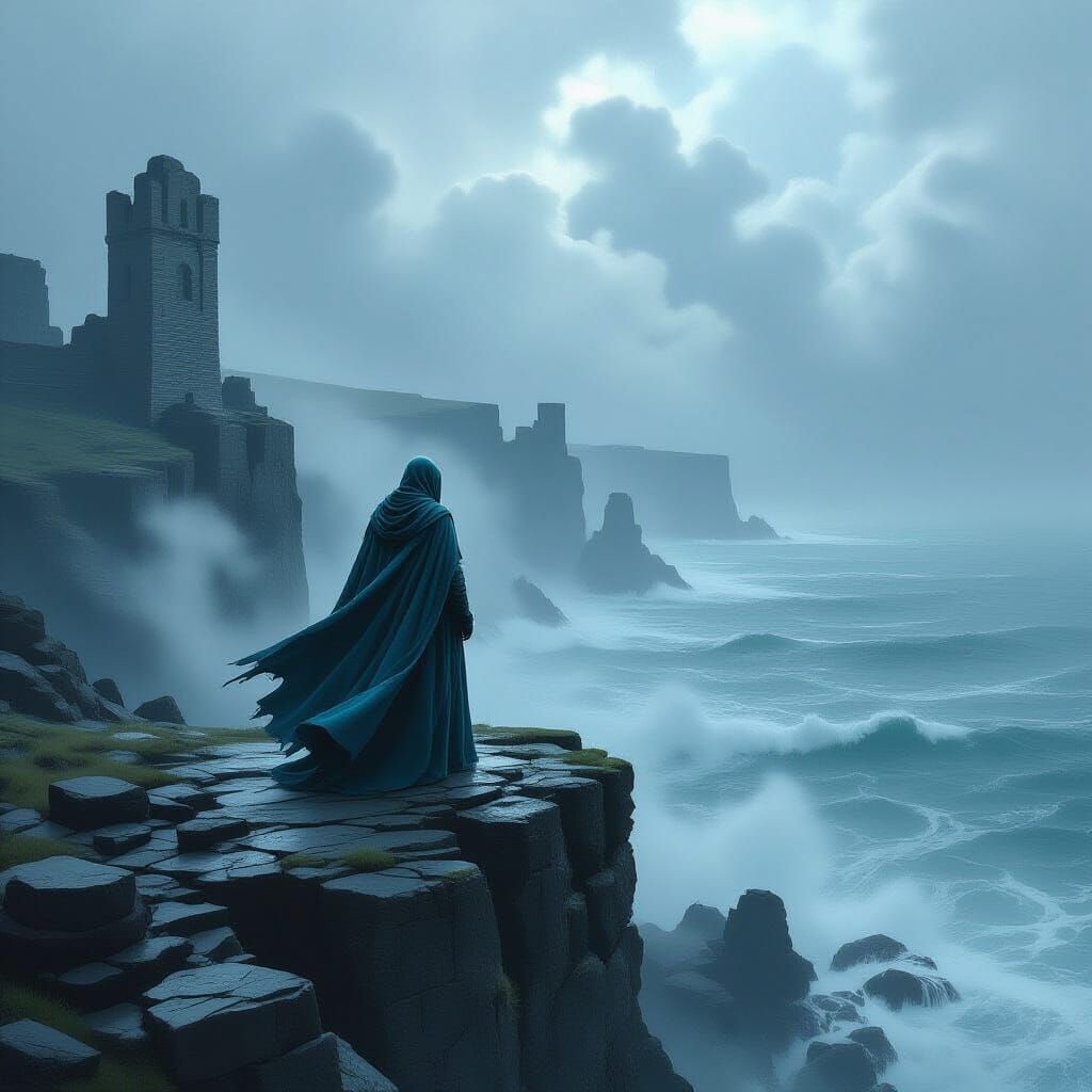 Figure in Cloak on Cliff Overlooking Stormy Sea