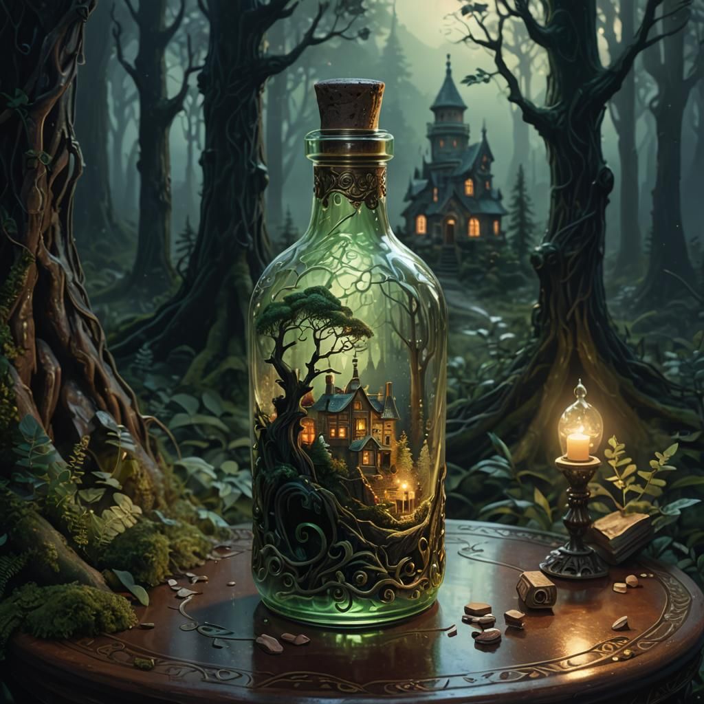 Mini Town Inside Ornate Bottle in Misty Forest