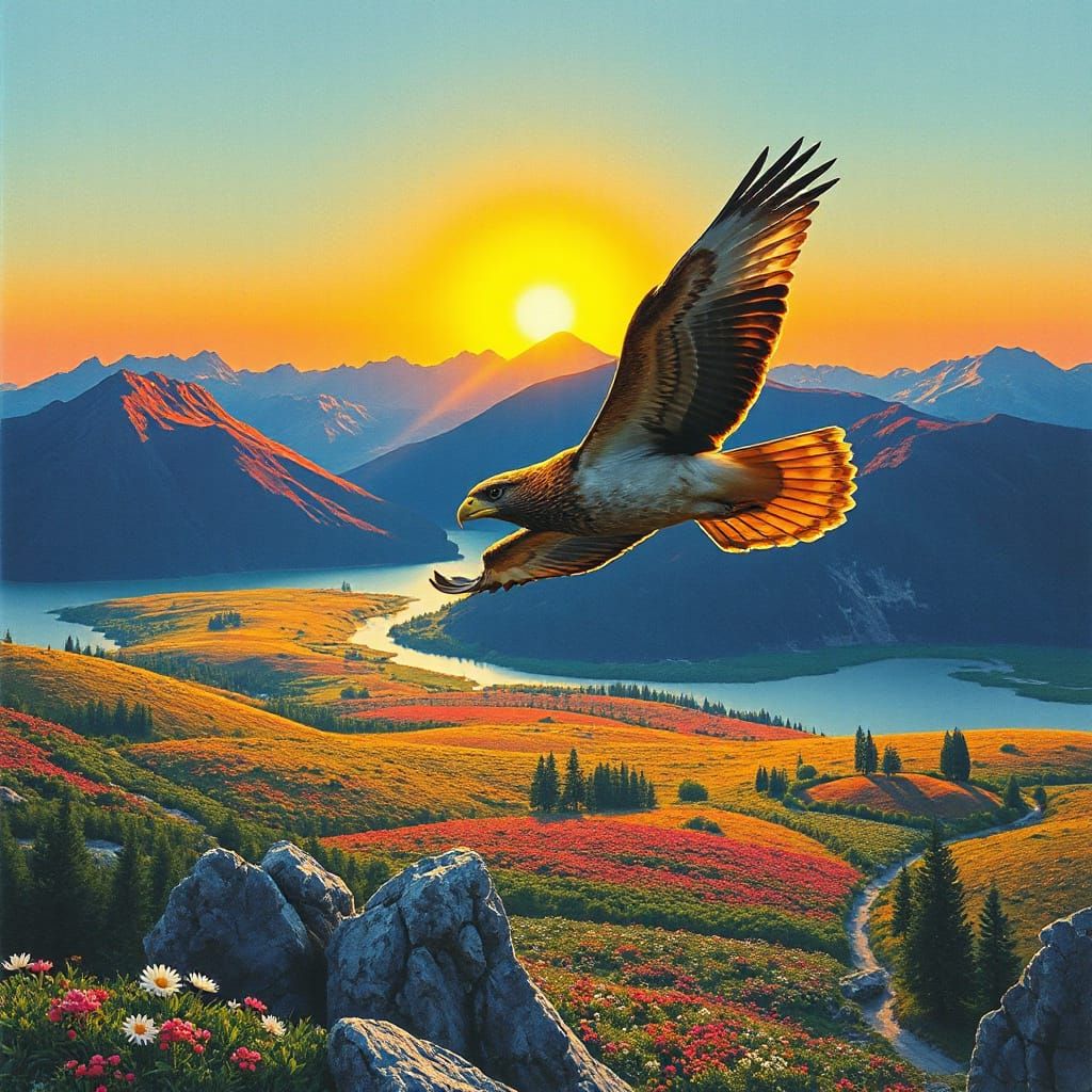 Psychedelic Bird Soaring Over Siberian Landscape