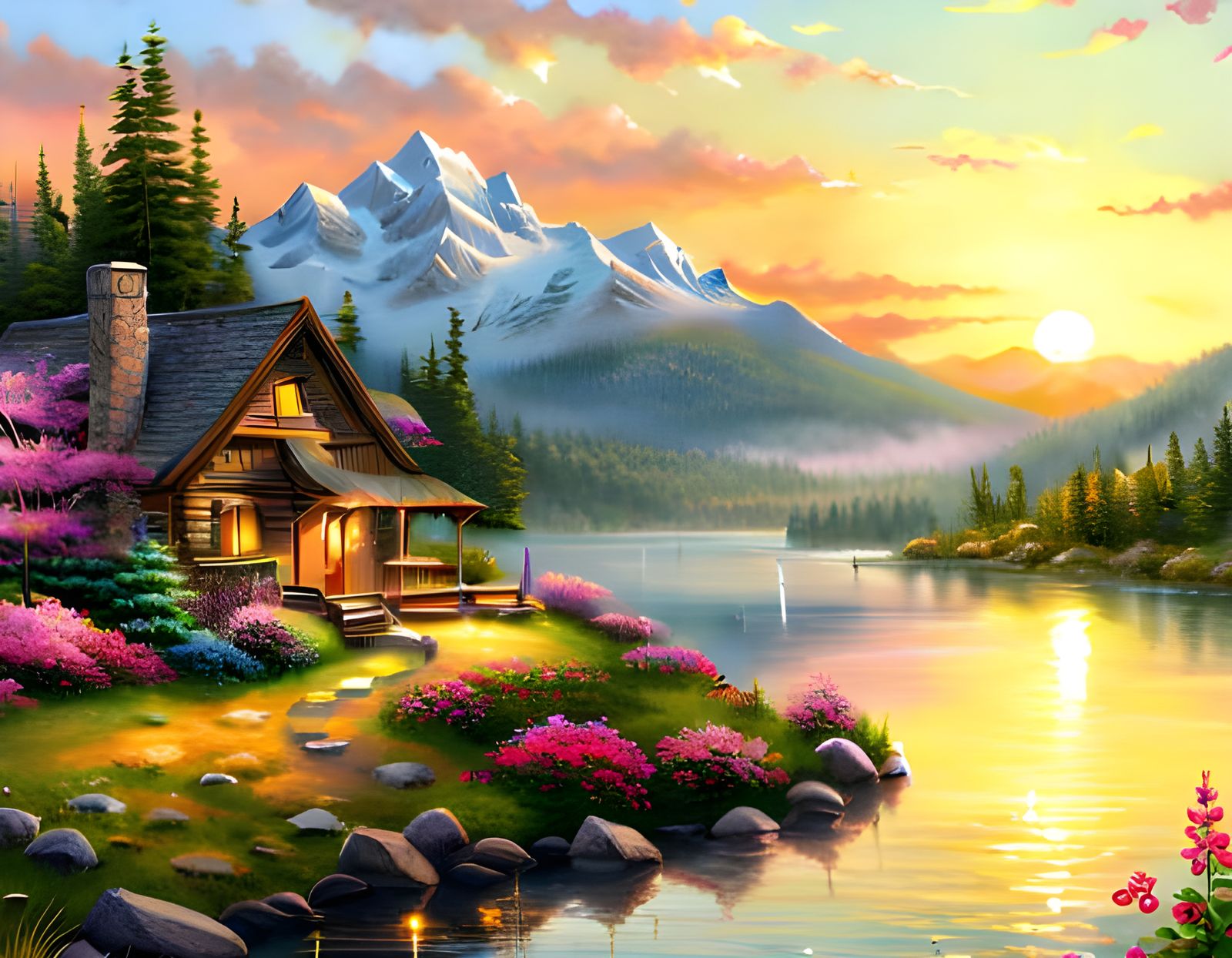 A beautiful cozy cabin on a mountain lake at sunset - 9991 s...