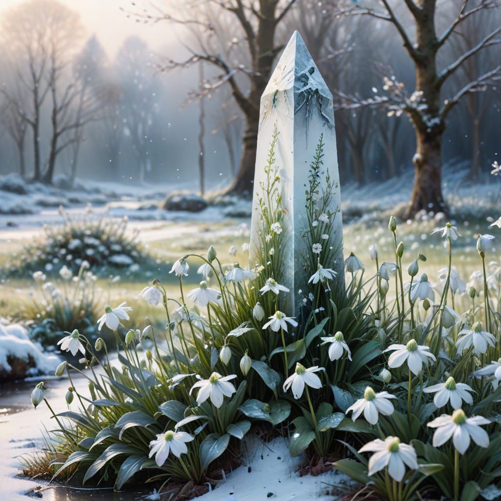 Stone Obelisk in Winter Meadow, Watercolour Painting
