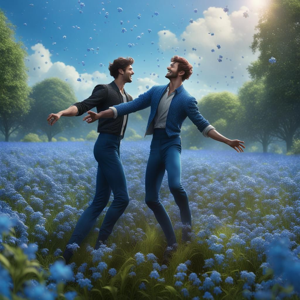 Gay Couple Dancing in Forget-Me-Nots Field