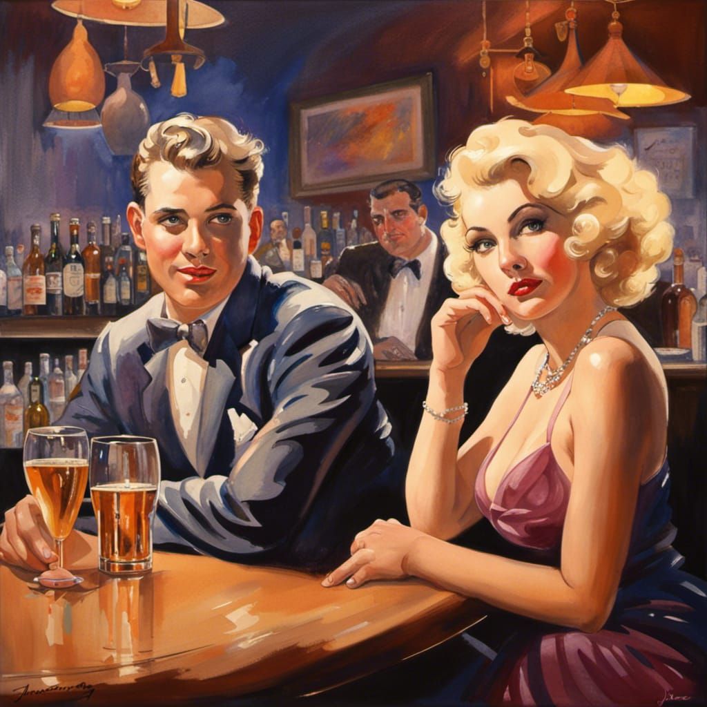 Man and Woman at Bar in Pin-Up Watercolor Style
