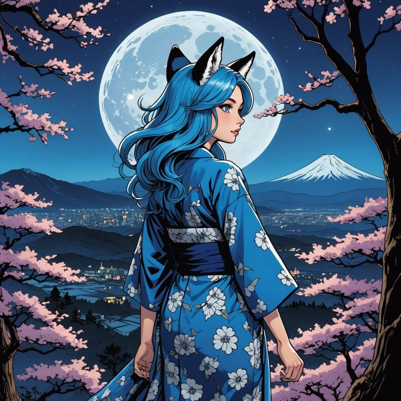 Fox-Girl Overlooking Magical Forest in Pop Art Style