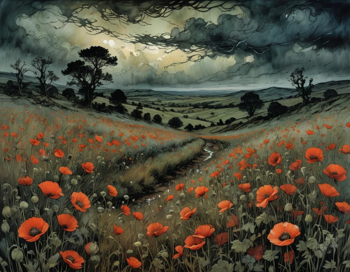 Poppy Field Storm Inspired by Classic Illustrators