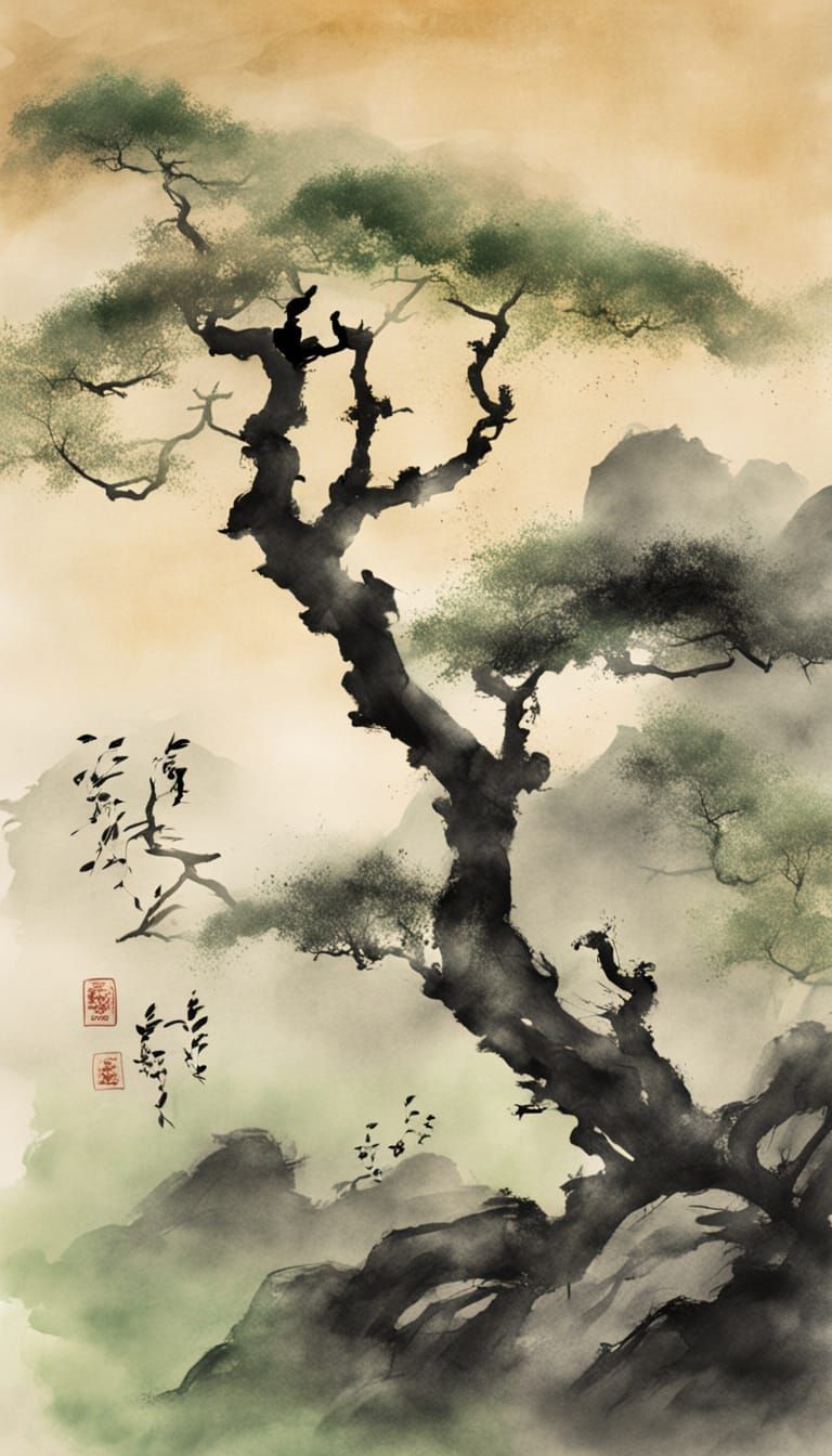 Serene Garden Tree in Sumi-e Style Painting