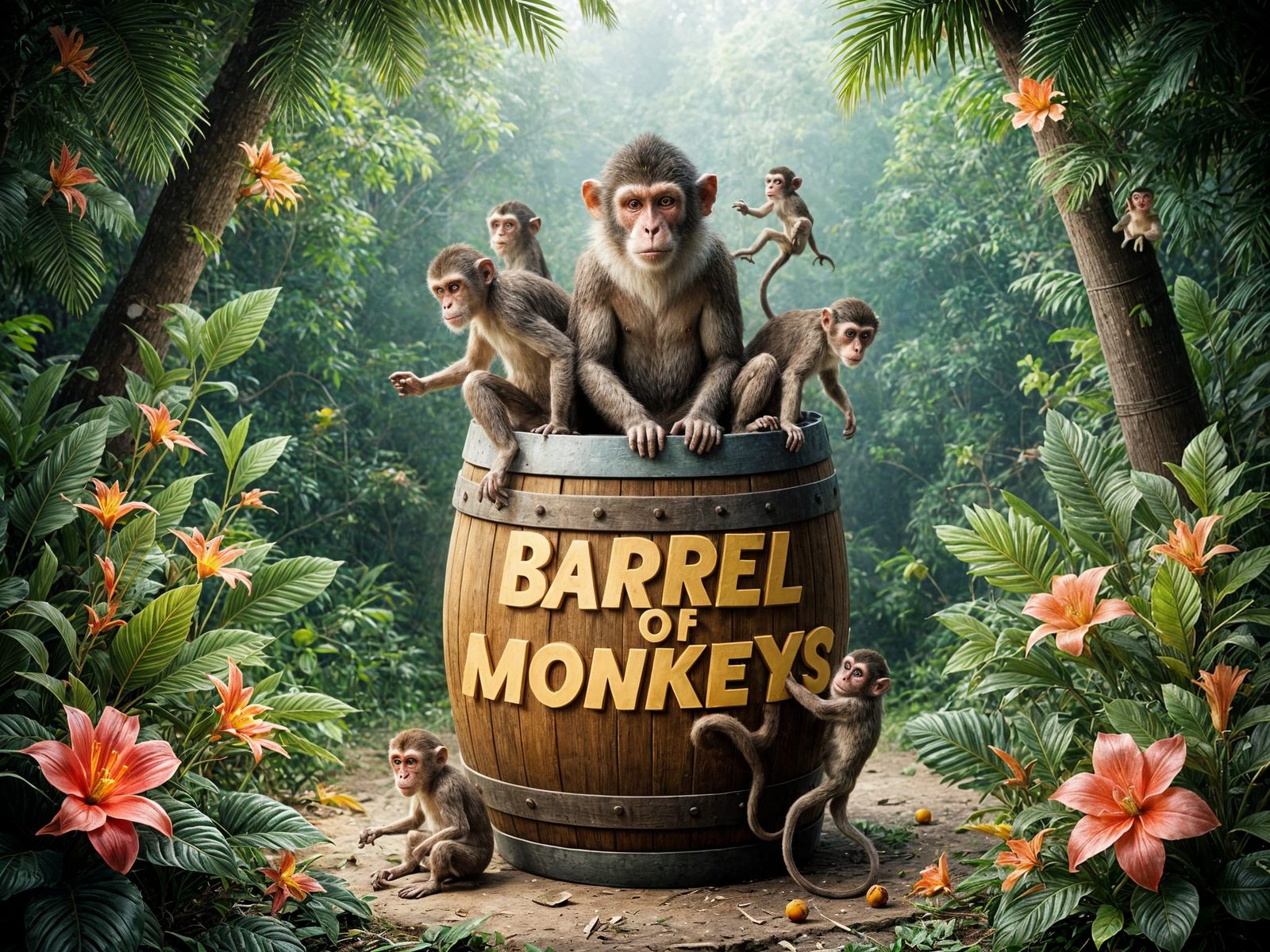 Mystical Jungle Scene with Barrel and Mischievous Monkeys in...