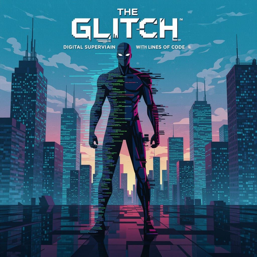 The Glitch: Digital Supervillain in Cyberpunk Cityscape
