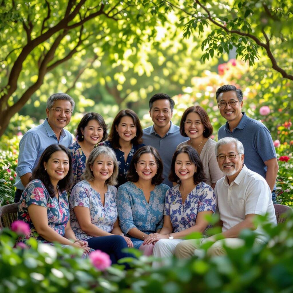 Diverse Middle-Aged Asian Group in Lush Garden