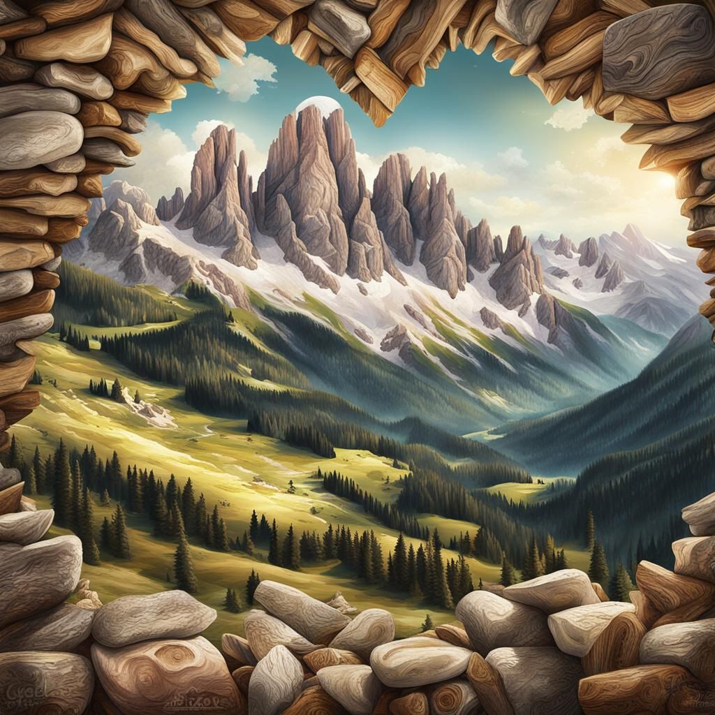 Hand-Carved Wooden Heart in Alpine Landscape