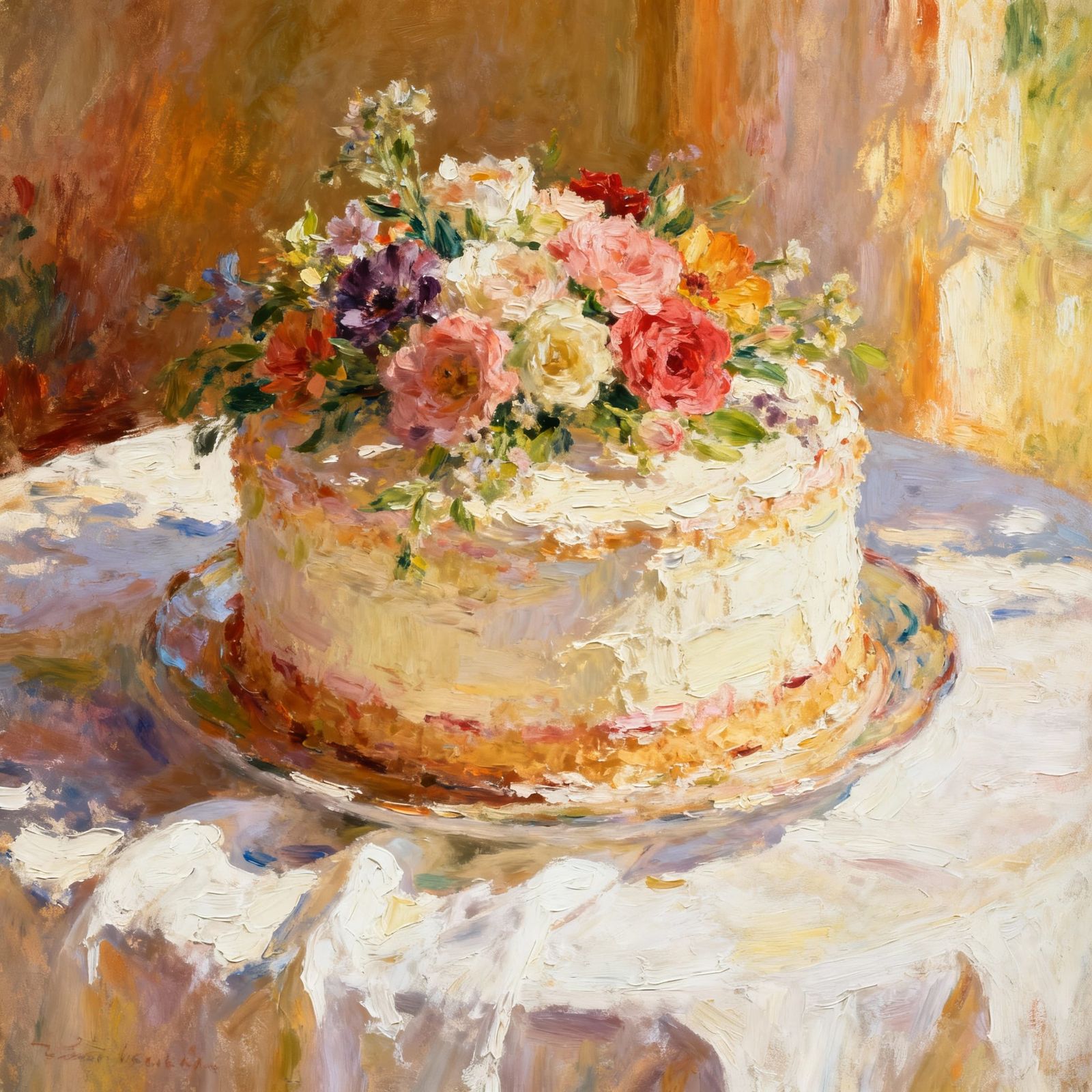 Beautiful Cake with Flowers on Table in Oil Painting Style